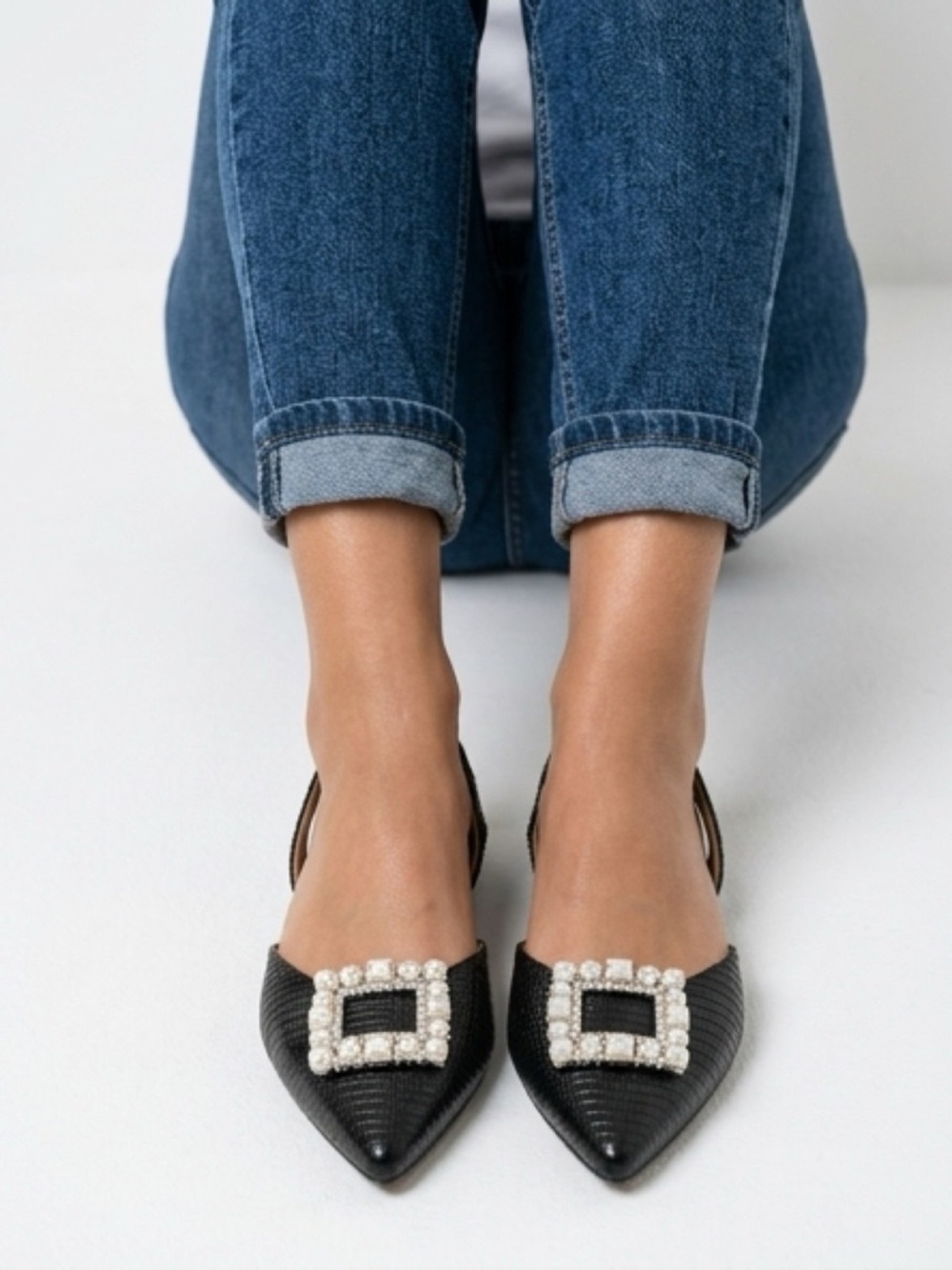 Journee Collection Black Pointed Pearl-Buckle Slingback Flats